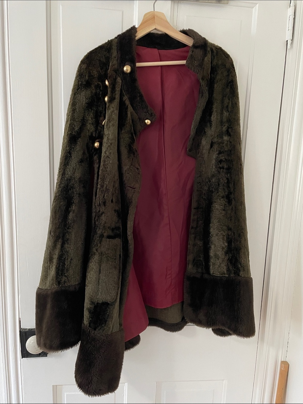 Vintage Olive Faux Fur Coat with Burgundy Lining